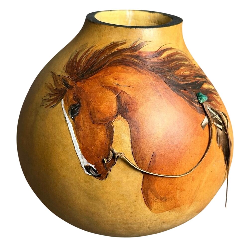 Vintage signed Indian Pony painted horse gourd bowl Donna Larson 6x7 western
